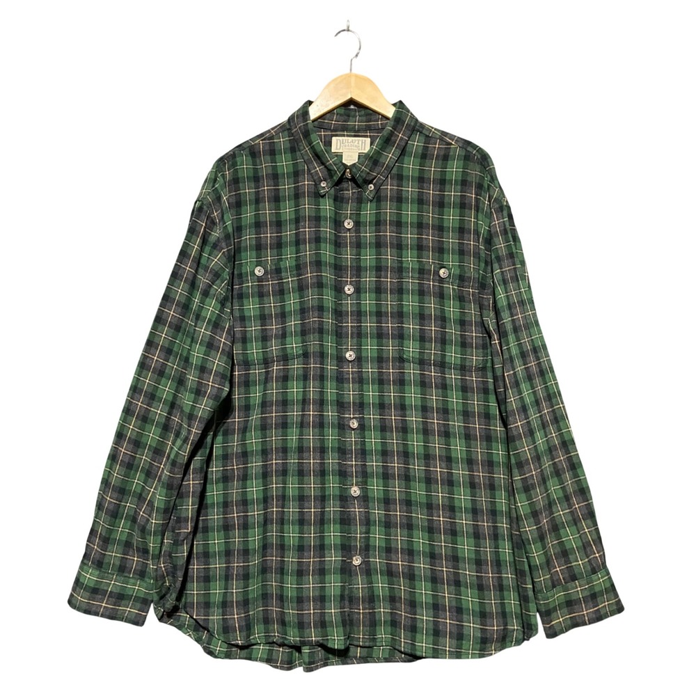 Duluth Trading Co Mens 2XL Green Plaid Flannel Button Down Shirt LS Workwear